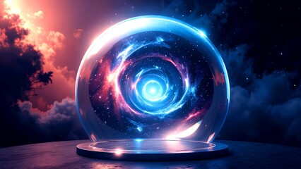 A glowing crystal ball contains a swirling galaxy, set against a dramatic, colorful sky with cosmic and mystical energy.