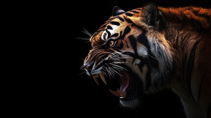Ferocious tiger roaring in darkness, revealing its powerful teeth