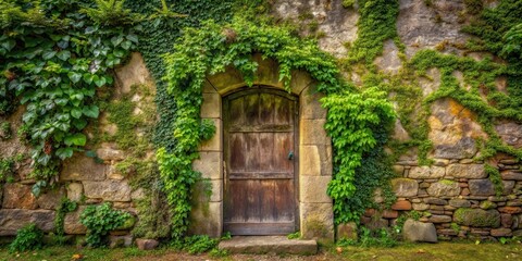 Fototapeta premium Ancient, weathered stone door with vines and moss , architecture, nature