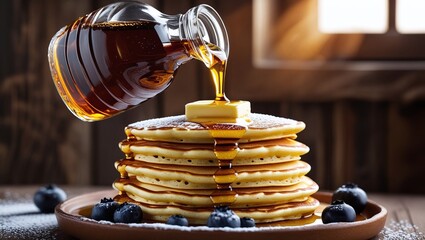 A warm and inviting scene featuring a glass bottle of rich, amber-colored maple syrup being poured in a smooth, flowing motion onto a towering stack of fluffy, golden-brown pancakes