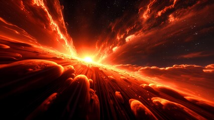 A fiery, surreal sunset or sunrise over an alien landscape with dramatic clouds and glowing sky.