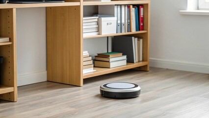 Fototapeta premium A round robot vacuum is ready to clean the hard floor in a room with a wooden bookshelf, emphasizing modern technology for effortless and hands-free cleaning in a living or working space