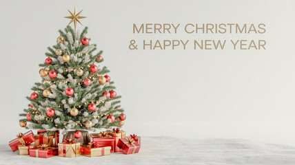 Christmas card with blood-red and gold christmas decorations on a white screen background new year lights 