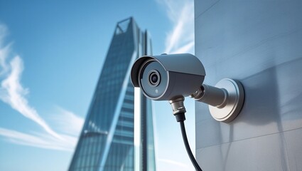 A sleek, high-resolution security camera is mounted on the exterior wall of a modern, polished glass and steel skyscraper, set against a clear blue sky with a few wispy white clouds, the camera's meta