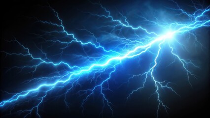 Electric blue lightning bolt on dark background, dynamic light effect, glowing aura, photorealism
