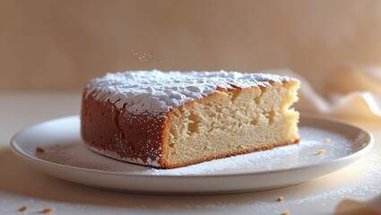 A delicate slice of almond cake, freshly baked and still warm, with a generous dusting of powdered sugar topping that slightly overflows the edges, sitting on a crisp white plate with a subtle sheen.