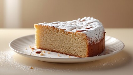 A delicate slice of almond cake, freshly baked and still warm, with a generous dusting of powdered sugar topping that slightly overflows the edges, sitting on a crisp white plate with a subtle sheen.