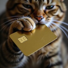 Curious cat holding a credit card in its paws on a wooden table