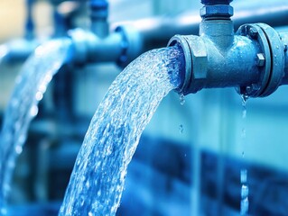 Water flowing from metal pipes close up industrial plumbing system blue toned clean water supply infrastructure