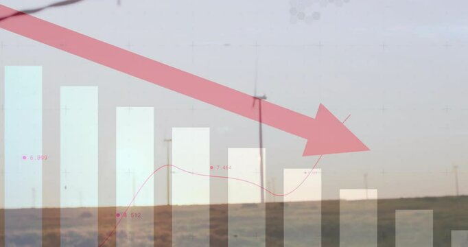 Transparent red arrow cutting diagonally over wind turbine bar chart showing falling energy data
