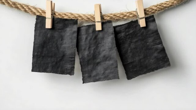 Three textured black fabric swatches hanging on rope with clothespins against white background for textile design mockup