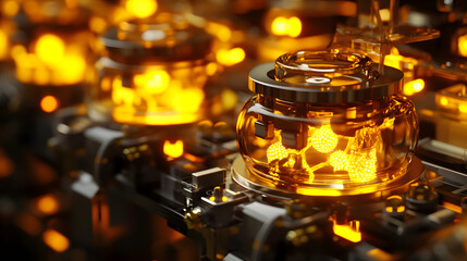Close-up view of glowing glass containers filled with luminous elements, showcasing intricate machinery in a high-tech environment