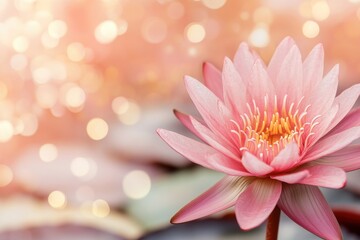 Obraz premium Pink Lotus Flower Close Up on Water with Bokeh Background in a Soft Romantic Style for Meditation and Wellness