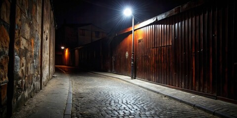 A solitary lamp post illuminates the cobblestone street, casting long shadows on the weathered brick walls that line the narrow passageway