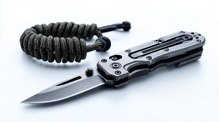 Multi-tool knife and paracord bracelet on a white background with cinematic depth of field