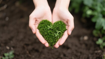 Hands heart shape green moss nature environment growth life care protection love symbol ecology conservation plant organic natural connection earth soil