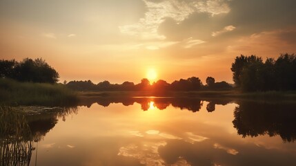 Sunset River Reflection Landscape.