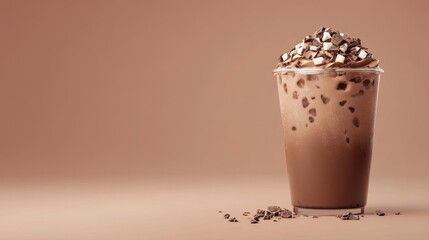 Creamy Chocolate Drink in Transparent Cup with Toppings and Brown Background