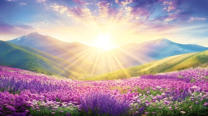 Vibrant lavender blooms shimmer mountainous valley under sunny sky