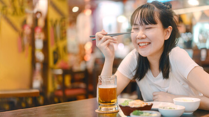Asian woman eating food at izakaya japanese bar and restaurant Japan dinner culture relax time