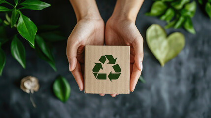 Hands cradling a cardboard box with a recycling symbol surrounded by foliage