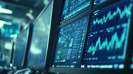 Advanced Data Analytics Monitors Displaying Stock Market Trends