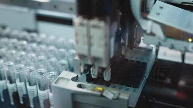 An automated analyzer takes samples, extracts DNA or RNA from them, analyzes them, and gives a result on the presence or absence of specific viruses or bacteria. The concept of laboratory testing.