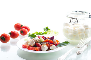 Delicious summer salad with leaves and mozzarella isolated on white background