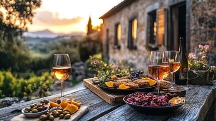 Rustic outdoor dining with ros? wine, appetizers, and sunset view