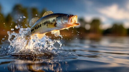 Fototapeta premium Action Shot of Bass Fish Jumping from Water in Natural Habitat