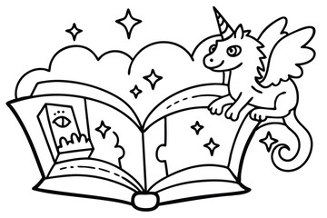 A cute unicorn with wings is lying on a book full of magic