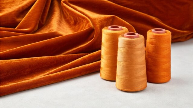 Three large spools of vibrant orange thread are placed in front of draped rust-colored fabric, symbolizing crafting, sewing with rich materials, and the warm beauty of textiles.
