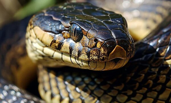 Detailed Close up of Dark Brown and Yellow Snake Head and Scales in a Natural Outdoor Setting