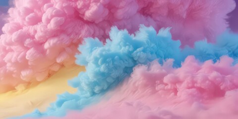 Fototapeta premium Fuzzy, vibrant gradient of pink, blue, yellow; cotton candy-like texture , dreamy, close up, food