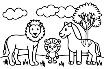 A cartoon lion, cub, and zebra stand under a tree in simple black lines