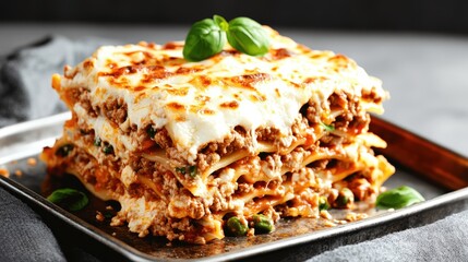 Delicious homemade lasagna with layers of seasoned ground meat cheese and fresh herbs in a baking dish