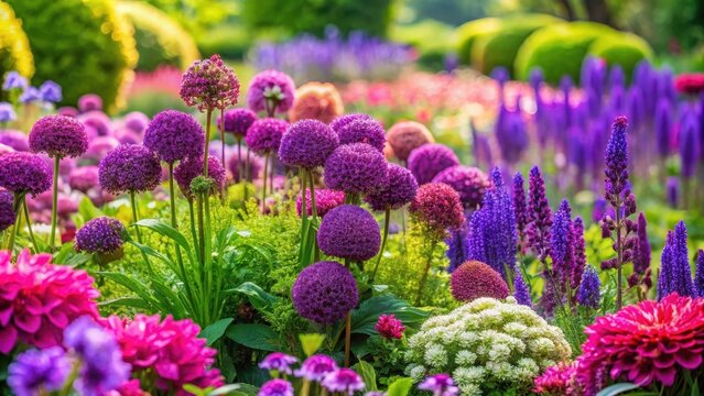 A lush purple flower bed with vibrant blooms and green foliage, botanicals