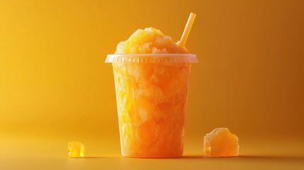 Refreshing Orange Slushie in Clear Cup with Straw on Bright Yellow Background