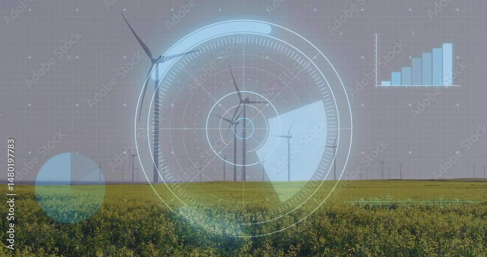 Poster wind turbine rotating inside scanning radar rings, showing pulsing pie chart and rising bar graph