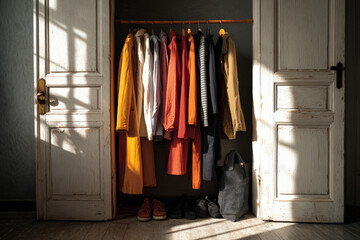 Clothes hanging in a closet on wall.