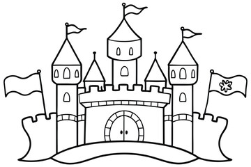 Obraz premium A whimsical black outlined castle shows flags atop its towers and on either side