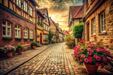 Fototapeta premium Vintage Ratzeburg Germany: Cobblestone Street in Historic Town Center