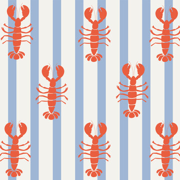 Summer coastal seamless pattern. Lobster pattern with blue stripes design for textile, backgrounds, presentations, wrapping papers, prints, artworks.