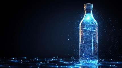Glowing Water Bottle with Sparkling Water and Blue Light Effects on Dark Background