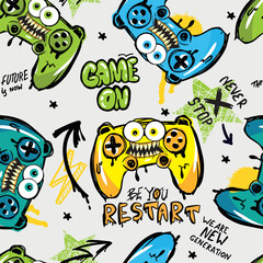 Seamless bright pattern with monster joysticks. gaming cool print for boys and girls. Suitable for textiles, sportswear, web
