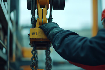 Worker Operating Industrial Chain Hoist