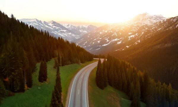 winding mountain road over alpine meadows at the edge of the forest