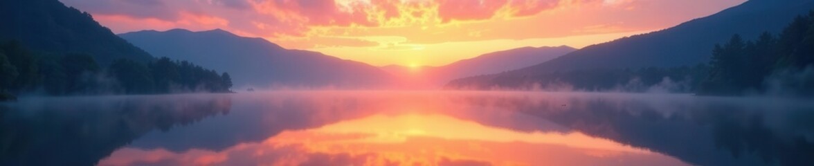 Misty sunrise over still lake, mountains reflecting, outdoor, uk, mist