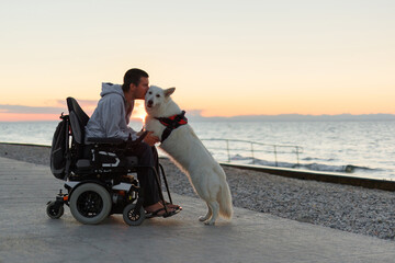 Man with disability kneels beside a friendly dog on a coastal pathway. They share a joyful moment as the sunset casts warm colors over the ocean in the background.