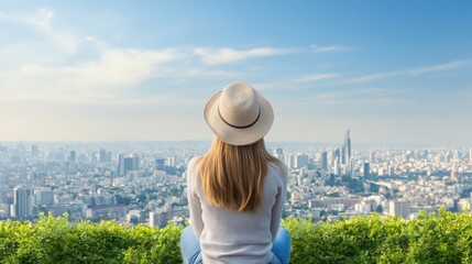 Fototapeta premium Woman with Hat Enjoying Scenic View of City Skyline from Hilltop